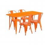 Commercial Grade 31.5" x 63" Rectangular Orange Metal Indoor-Outdoor Table Set with 4 Stack Chairs