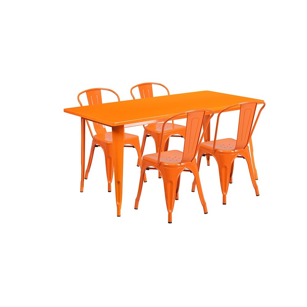 Commercial Grade 31.5" x 63" Rectangular Orange Metal Indoor-Outdoor Table Set with 4 Stack Chairs