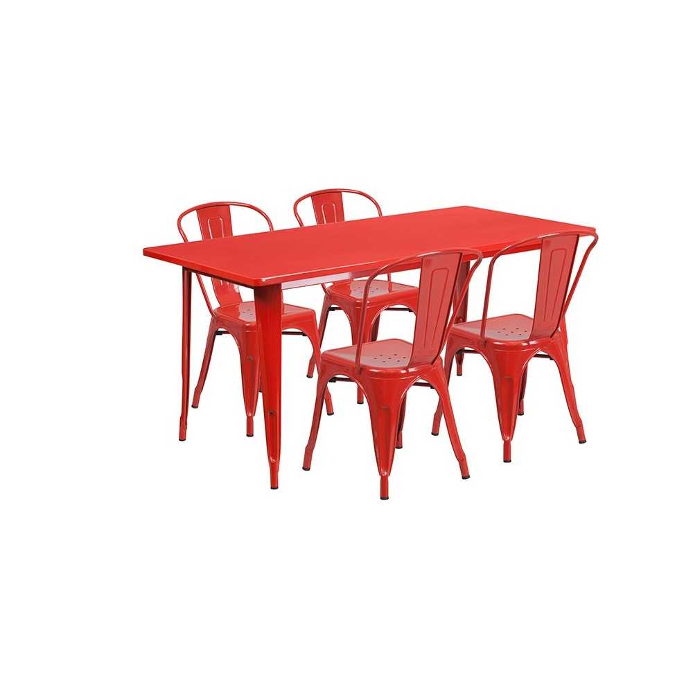 Commercial Grade 31.5" x 63" Rectangular Red Metal Indoor-Outdoor Table Set with 4 Stack Chairs Commercial Grade 31.5" x 63" Rectangular Red Metal Indoor-Outdoor Table Set with 4 Stack Chairs