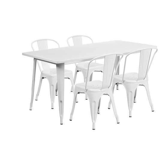 Commercial Grade 31.5" x 63" Rectangular White Metal Indoor-Outdoor Table Set with 4 Stack Chairs