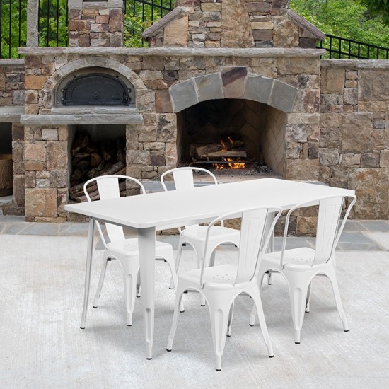 Commercial Grade 31.5" x 63" Rectangular White Metal Indoor-Outdoor Table Set with 4 Stack Chairs