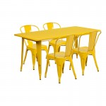 Commercial Grade 31.5" x 63" Rectangular Yellow Metal Indoor-Outdoor Table Set with 4 Stack Chairs