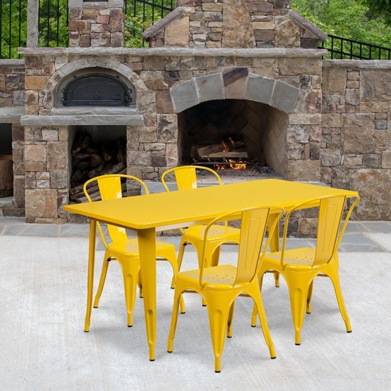 Commercial Grade 31.5" x 63" Rectangular Yellow Metal Indoor-Outdoor Table Set with 4 Stack Chairs