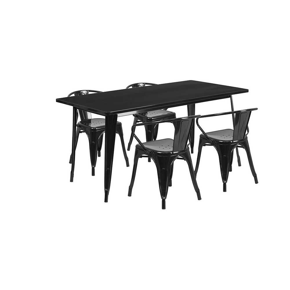 Commercial Grade 31.5" x 63" Rectangular Black Metal Indoor-Outdoor Table Set with 4 Arm Chairs