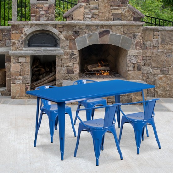 Commercial Grade 31.5" x 63" Rectangular Blue Metal Indoor-Outdoor Table Set with 4 Arm Chairs