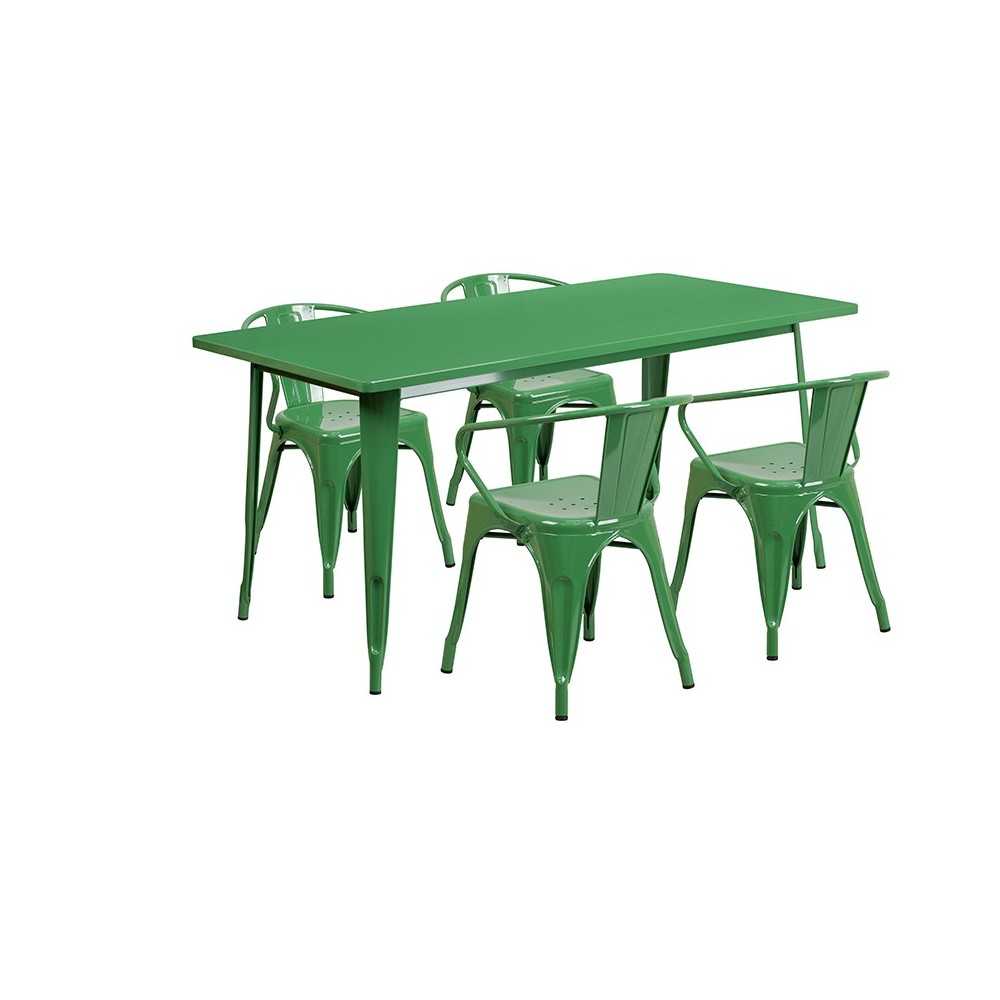 Commercial Grade 31.5" x 63" Rectangular Green Metal Indoor-Outdoor Table Set with 4 Arm Chairs