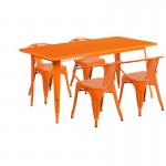 Commercial Grade 31.5" x 63" Rectangular Orange Metal Indoor-Outdoor Table Set with 4 Arm Chairs