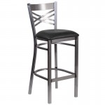 Clear Coated \'\'X\'\' Back Metal Restaurant Barstool - Black Vinyl Seat