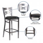 Clear Coated ''X'' Back Metal Restaurant Barstool - Black Vinyl Seat