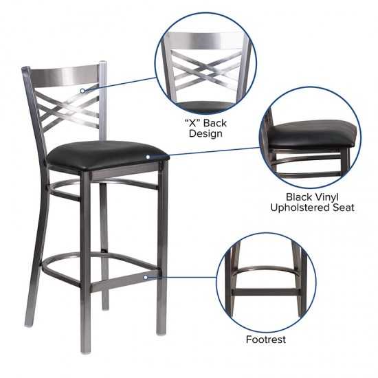 Clear Coated ''X'' Back Metal Restaurant Barstool - Black Vinyl Seat
