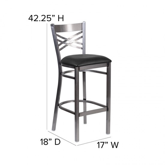 Clear Coated ''X'' Back Metal Restaurant Barstool - Black Vinyl Seat