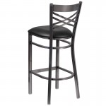 Clear Coated ''X'' Back Metal Restaurant Barstool - Black Vinyl Seat