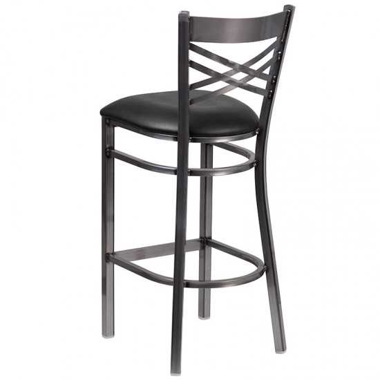 Clear Coated ''X'' Back Metal Restaurant Barstool - Black Vinyl Seat