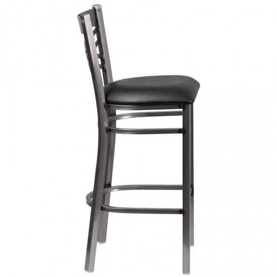 Clear Coated ''X'' Back Metal Restaurant Barstool - Black Vinyl Seat