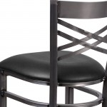 Clear Coated ''X'' Back Metal Restaurant Barstool - Black Vinyl Seat
