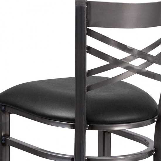 Clear Coated ''X'' Back Metal Restaurant Barstool - Black Vinyl Seat