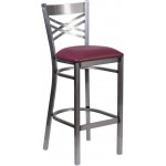 Clear Coated ''X'' Back Metal Restaurant Barstool - Burgundy Vinyl Seat