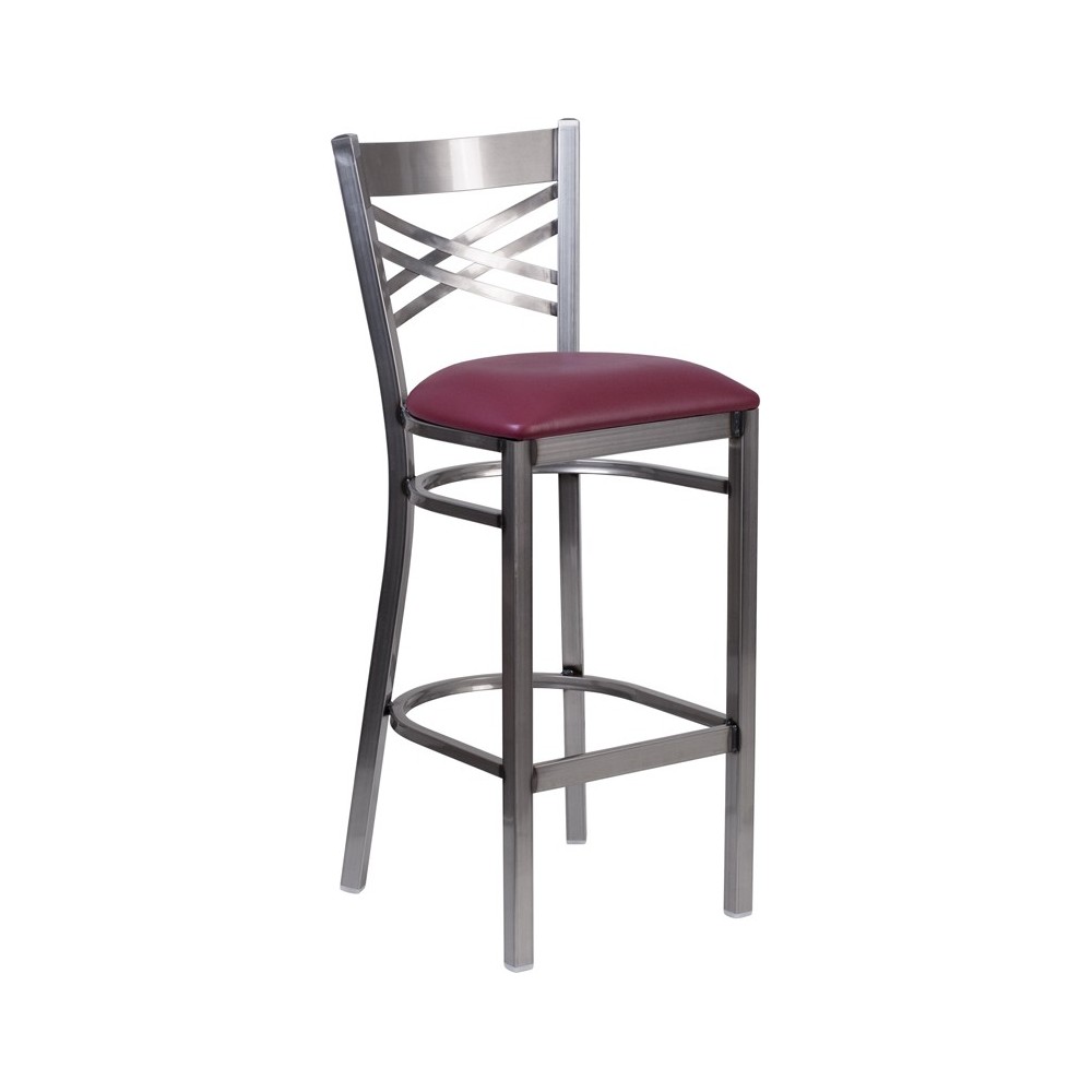 Clear Coated ''X'' Back Metal Restaurant Barstool - Burgundy Vinyl Seat Clear Coated ''X'' Back Metal Restaurant Barstool - Burgundy Vinyl Seat