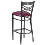 Clear Coated ''X'' Back Metal Restaurant Barstool - Burgundy Vinyl Seat