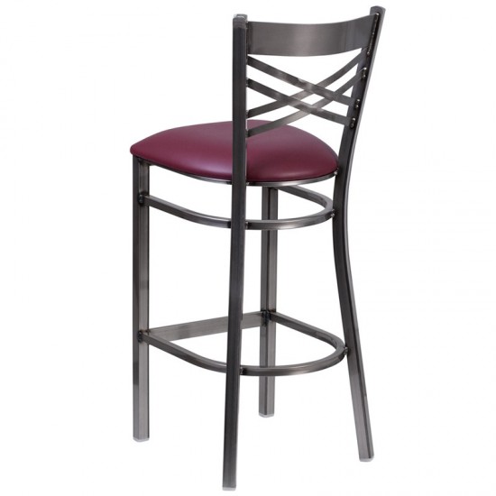 Clear Coated ''X'' Back Metal Restaurant Barstool - Burgundy Vinyl Seat