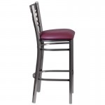 Clear Coated ''X'' Back Metal Restaurant Barstool - Burgundy Vinyl Seat
