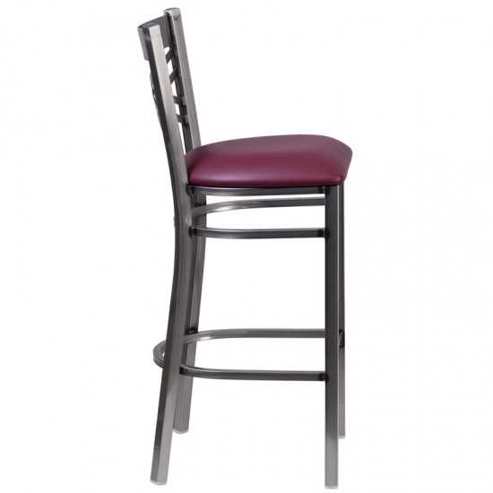 Clear Coated ''X'' Back Metal Restaurant Barstool - Burgundy Vinyl Seat