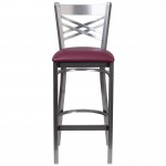 Clear Coated ''X'' Back Metal Restaurant Barstool - Burgundy Vinyl Seat