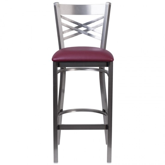 Clear Coated ''X'' Back Metal Restaurant Barstool - Burgundy Vinyl Seat