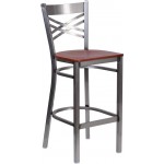 Clear Coated ''X'' Back Metal Restaurant Barstool - Cherry Wood Seat