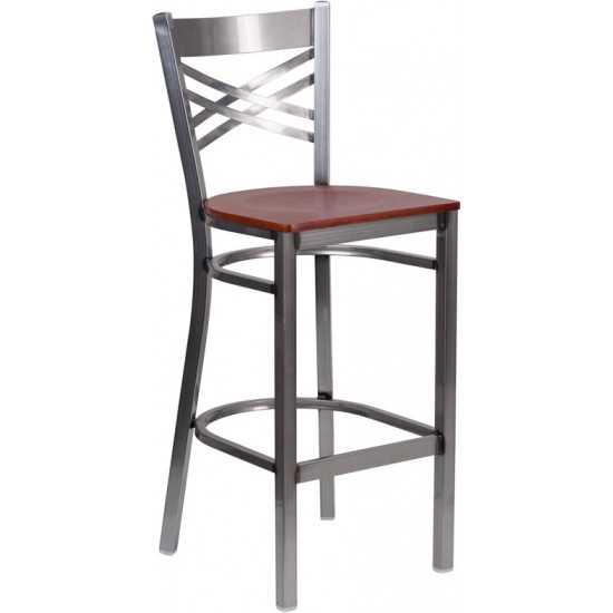 Clear Coated ''X'' Back Metal Restaurant Barstool - Cherry Wood Seat