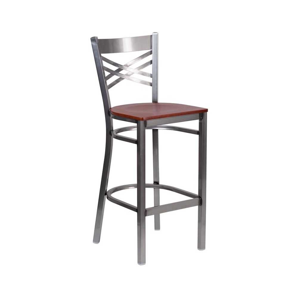 Clear Coated ''X'' Back Metal Restaurant Barstool - Cherry Wood Seat