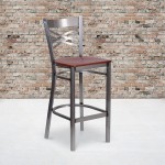 Clear Coated ''X'' Back Metal Restaurant Barstool - Cherry Wood Seat