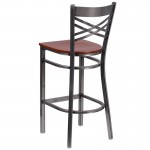 Clear Coated ''X'' Back Metal Restaurant Barstool - Cherry Wood Seat