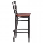 Clear Coated ''X'' Back Metal Restaurant Barstool - Cherry Wood Seat