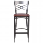 Clear Coated ''X'' Back Metal Restaurant Barstool - Cherry Wood Seat