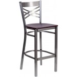 Clear Coated ''X'' Back Metal Restaurant Barstool - Mahogany Wood Seat