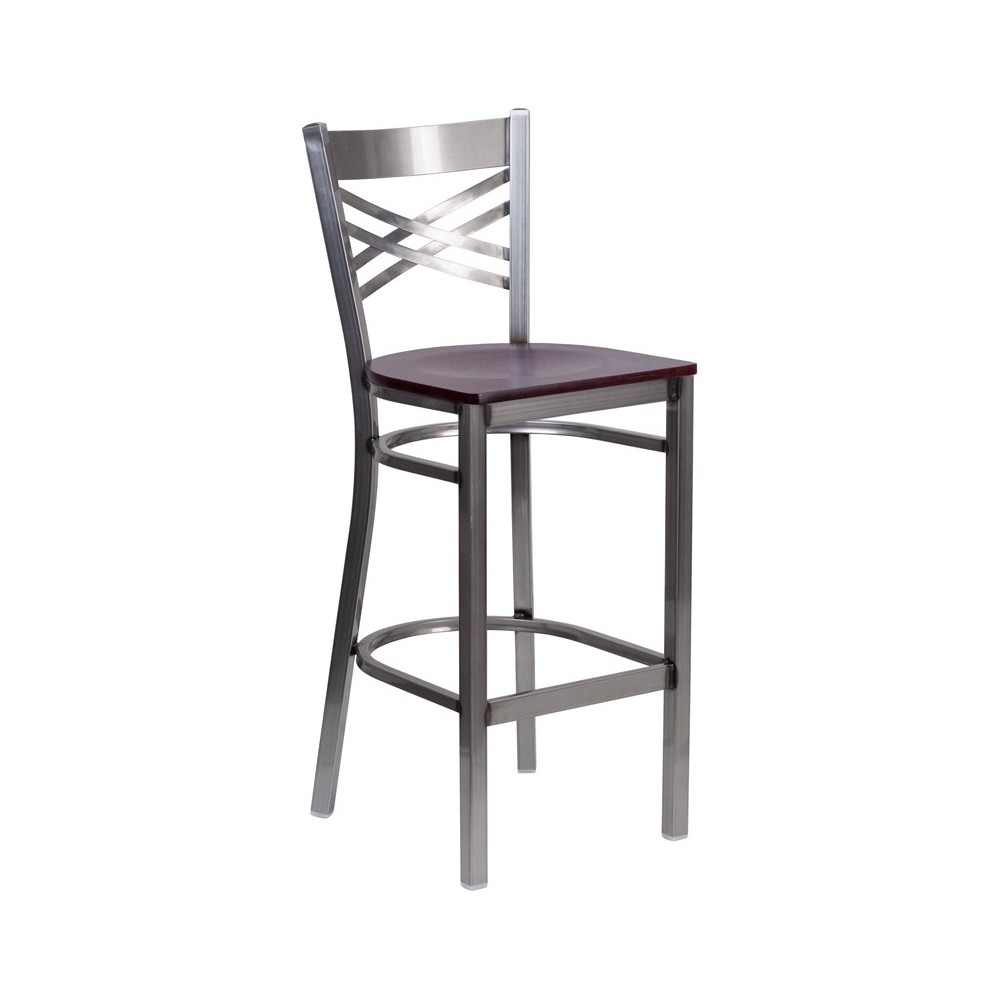 Clear Coated ''X'' Back Metal Restaurant Barstool - Mahogany Wood Seat