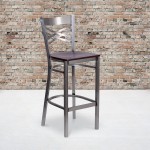 Clear Coated ''X'' Back Metal Restaurant Barstool - Mahogany Wood Seat