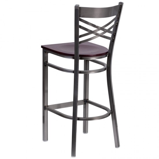 Clear Coated ''X'' Back Metal Restaurant Barstool - Mahogany Wood Seat