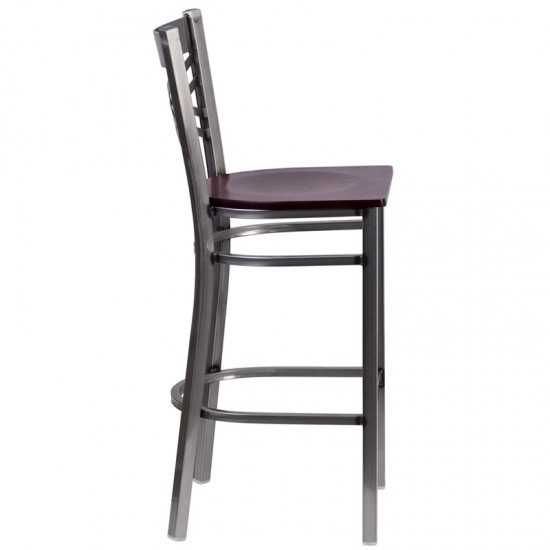 Clear Coated ''X'' Back Metal Restaurant Barstool - Mahogany Wood Seat