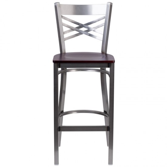 Clear Coated ''X'' Back Metal Restaurant Barstool - Mahogany Wood Seat