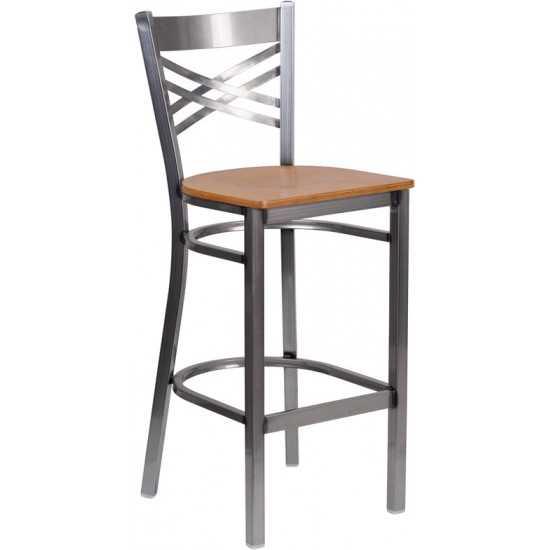 Clear Coated ''X'' Back Metal Restaurant Barstool - Natural Wood Seat