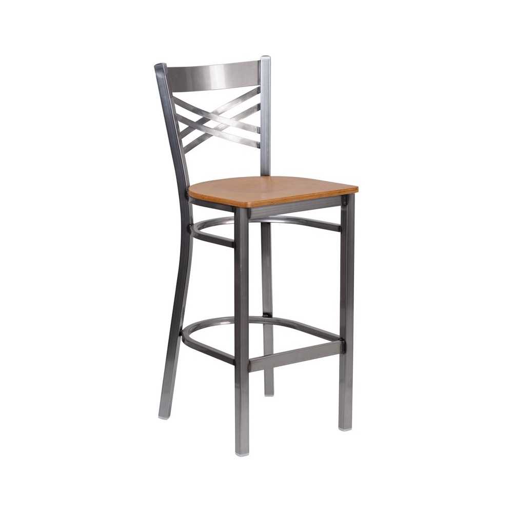 Clear Coated ''X'' Back Metal Restaurant Barstool - Natural Wood Seat