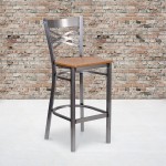 Clear Coated ''X'' Back Metal Restaurant Barstool - Natural Wood Seat