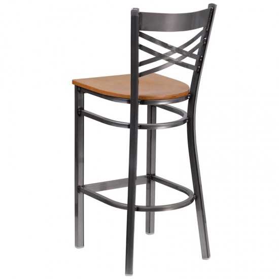 Clear Coated ''X'' Back Metal Restaurant Barstool - Natural Wood Seat