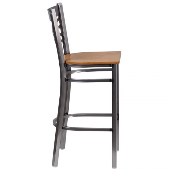 Clear Coated ''X'' Back Metal Restaurant Barstool - Natural Wood Seat