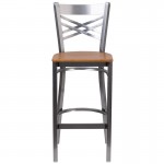 Clear Coated ''X'' Back Metal Restaurant Barstool - Natural Wood Seat