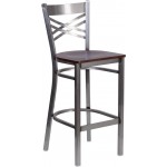 Clear Coated ''X'' Back Metal Restaurant Barstool - Walnut Wood Seat