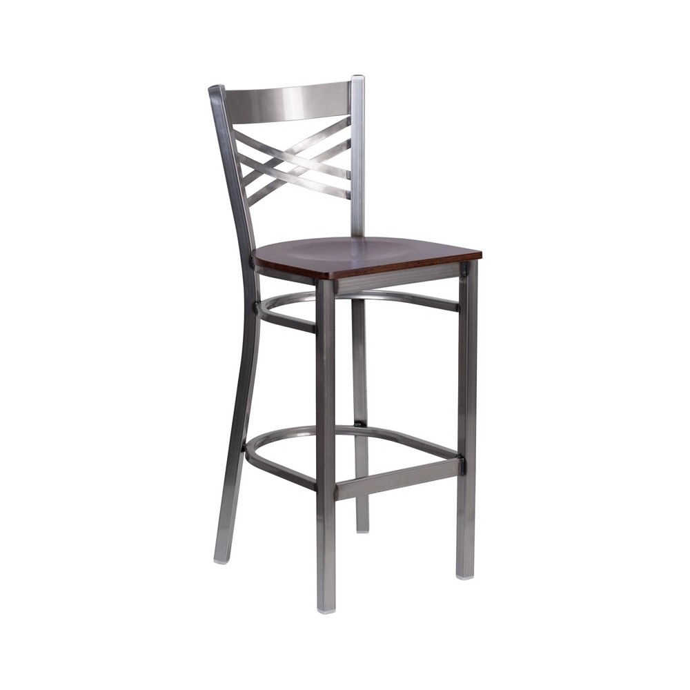 Clear Coated ''X'' Back Metal Restaurant Barstool - Walnut Wood Seat