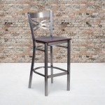 Clear Coated ''X'' Back Metal Restaurant Barstool - Walnut Wood Seat